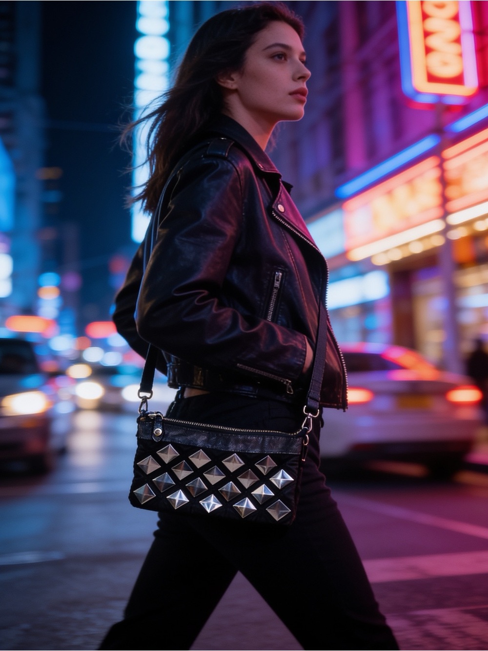 Nila Anthony | Black Studded Crossbody Bag with Silver Pyramid Accents